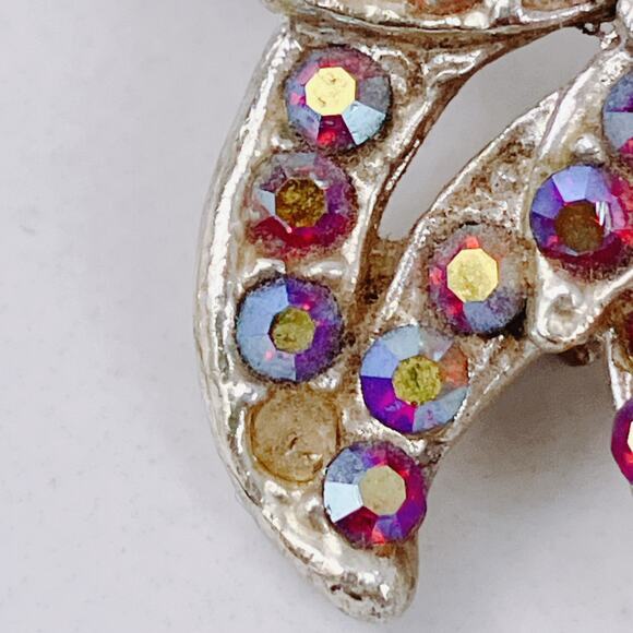 Mid Century AB Rhinestone Floral Brooch Silver Tone Textured Metal Vintage Pin - Picture 6 of 11